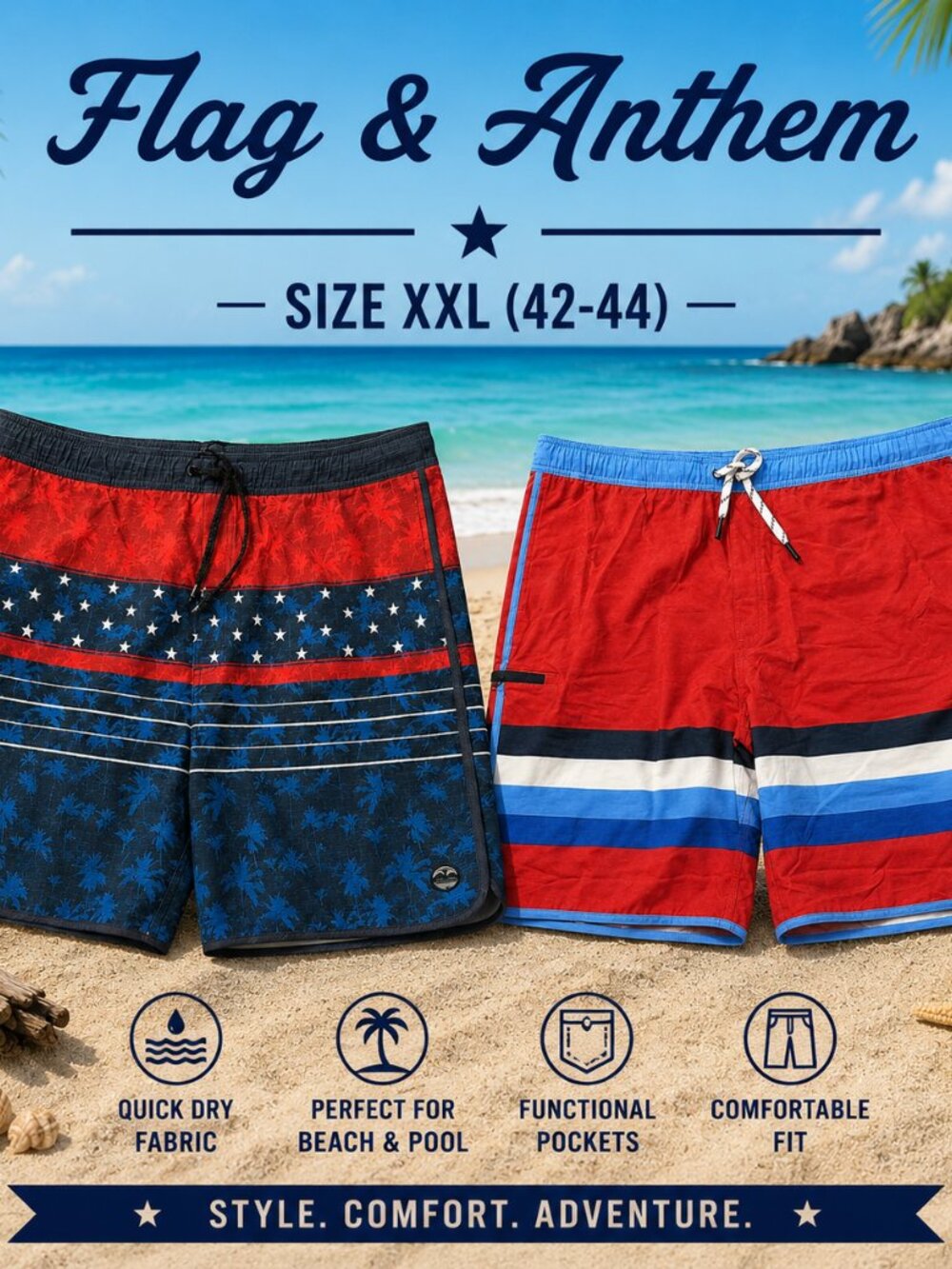 NWOT 2 - Pair of Flag & Anthem Men's Swim Trunks – XXL (42–44) Bundle BOTH SHORT